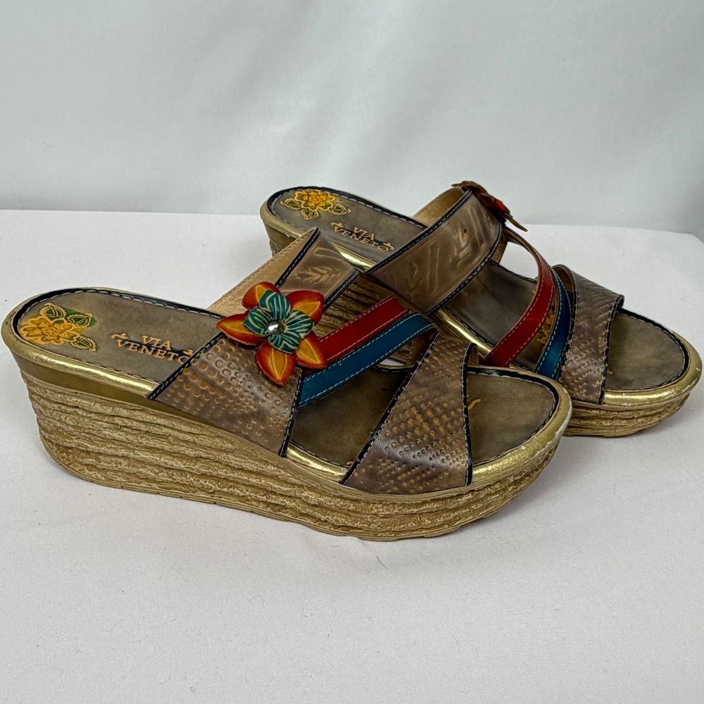 Via Veneto Womens Floral Leather Wedge Sandals Brown Multi Color Slide 18213-11